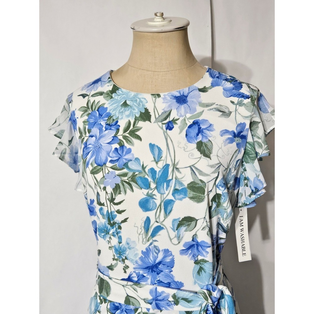 Shelby & Palmer Blue Floral Faux Wrap Ruffle Belted Sheath Dress - Picture 3 of 12